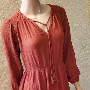 Knox Rose reddish-brown, crinkle cotton midi prairie dress.